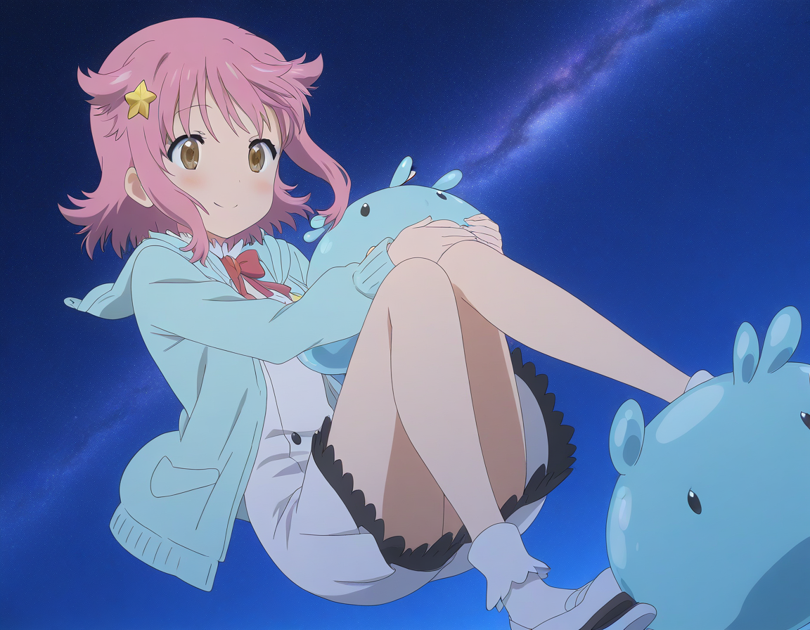 general,highres, ultra-detailed,very aesthetic,best quality ,best hands,  BREAK <lora:Subaru_Houkago_no_Pleiades_IS:0.9>subaru(Pleiades), 1girl, solo, pink hair, short hair, brown eyes, star hair ornament, anime coloring, smile, 
BREAK, 
 <lora:kaicyou_Houkago_no_Pleiades_IS:0.9>kaicyou(Pleiades), sphere, slime (creature), full body, black eyes, creature, blue theme, anime coloring, no humans, sphere, small body,
galaxy,