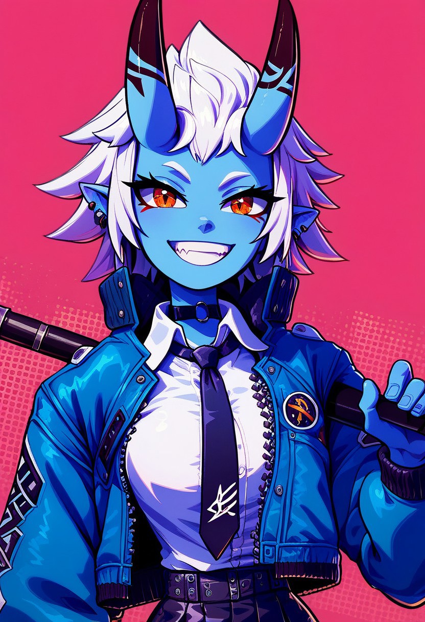 score_9, score_8_up, score_8, big breasts, (curvy), cute, eyelashes, 
BREAK, 
soukaku, red eyes, blue skin, white hair, short hair, horns, oni, black choker, blue jacket, white collared shirt, black tie, black skirt, 
soukaku, looking at viewer, smile, short hair, shirt, holding, jewelry, jacket, white shirt, upper body, weapon, earrings, necktie, teeth, choker, collared shirt, grin, open jacket, black choker, piercing, blue jacket, ear piercing, black necktie,
 zPDXL,