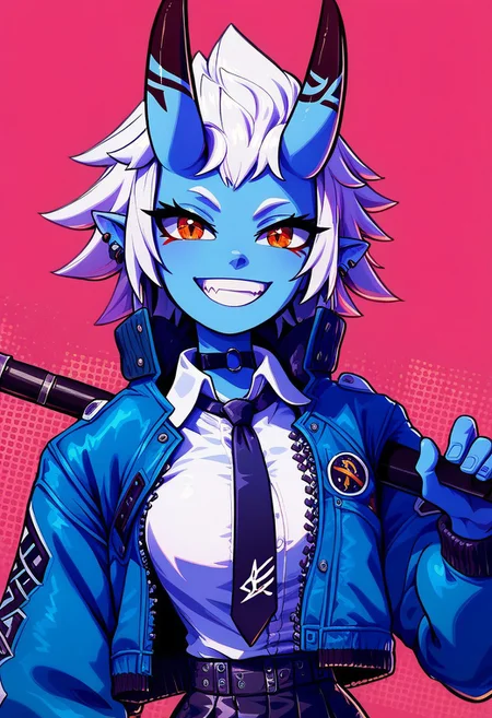 score_9, score_8_up, score_8, big breasts, (curvy), cute, eyelashes,
BREAK,
soukaku, red eyes, blue skin, white hair, short hair, horns, oni, black choker, blue jacket, white collared shirt, black tie, black skirt,
soukaku, looking at viewer, smile, short hair, shirt, holding, jewelry, jacket, white shirt, upper body, weapon, earrings, necktie, teeth, choker, collared shirt, grin, open jacket, black choker, piercing, blue jacket, ear piercing, black necktie,
zPDXL,