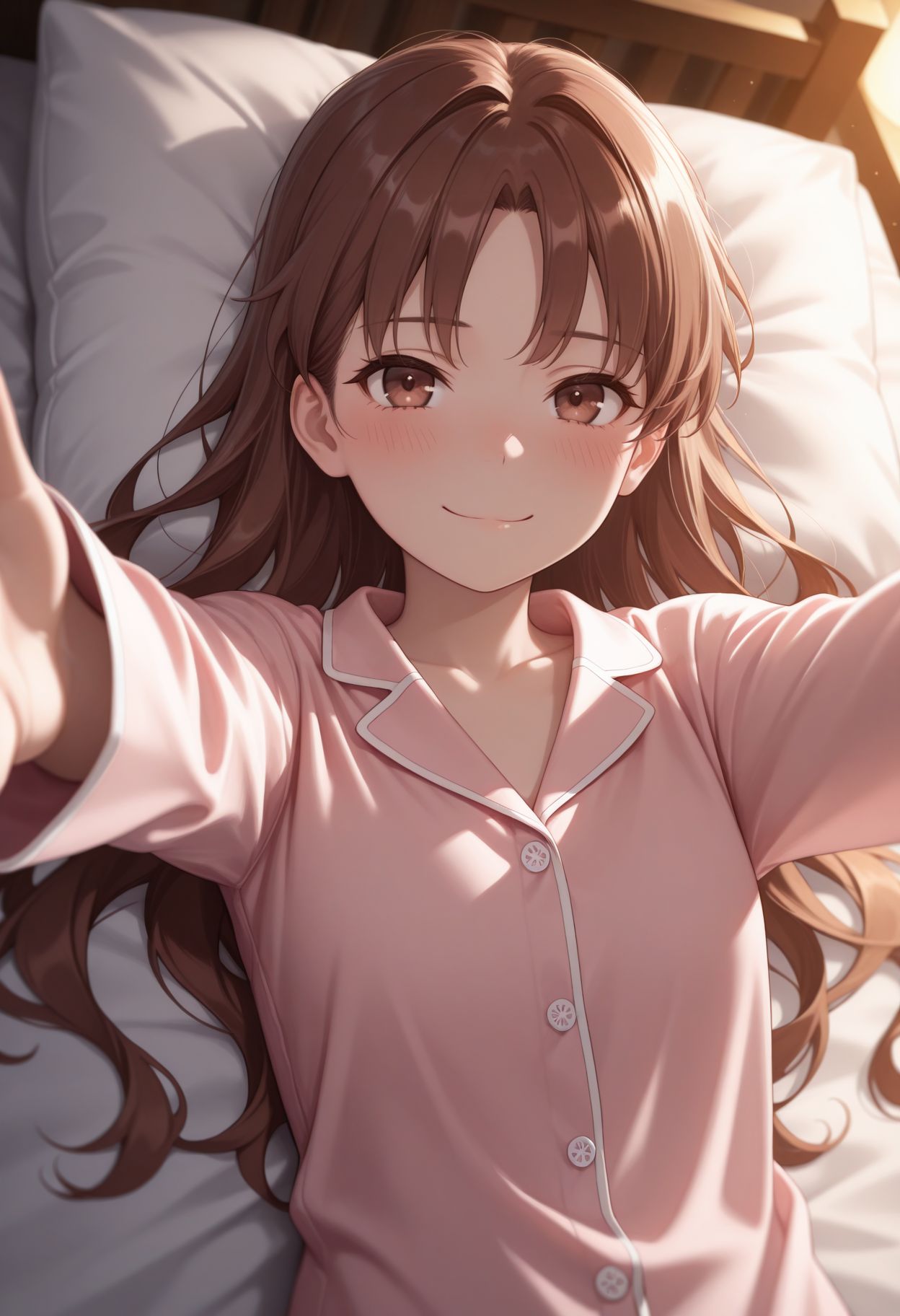 masterpiece,best quality,absurdres,highres,very aesthetic,high quality,detailed,insanely detailed,beautiful,perfect lighting, looking at viewer, smile, 
 <lora:Shirai illu:1>1girl, hair down, long hair, brown hair, brown eyes, on bed, frown, indoors, blush, pajamas, , closed mouth, upper body, reaching arms, lying down,