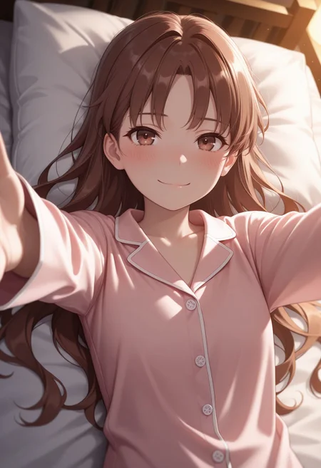 masterpiece,best quality,absurdres,highres,very aesthetic,high quality,detailed,insanely detailed,beautiful,perfect lighting, looking at viewer, smile,
<lora:Shirai illu:1>1girl, hair down, long hair, brown hair, brown eyes, on bed, frown, indoors, blush, pajamas, , closed mouth, upper body, reaching arms, lying down,
