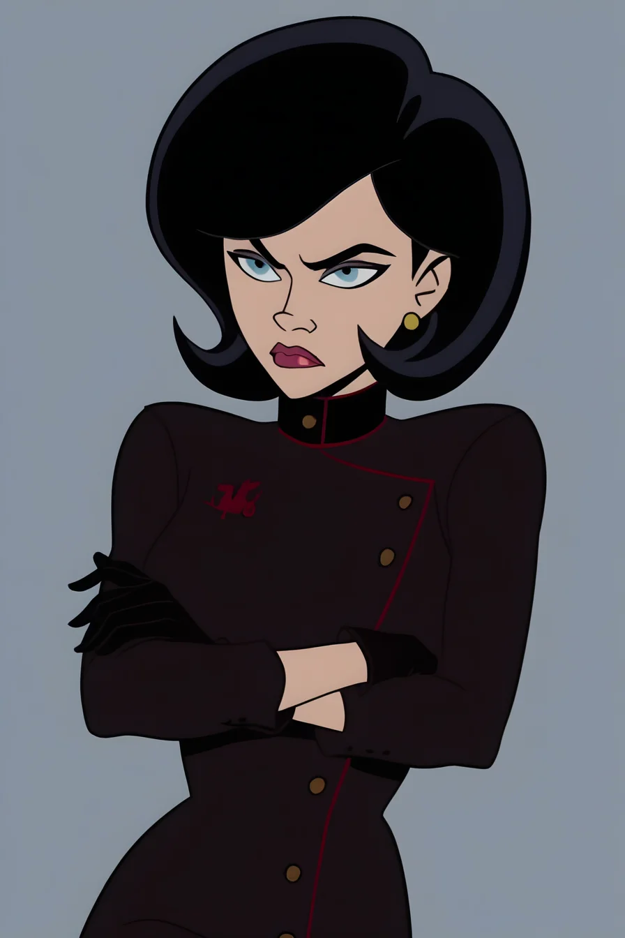 score_9_up, score_8_up, score_7_up, score_6_up, score_5_up, score_4_up, show accurate style, source_cartoon, flat colors,msMonarch, 1girl, solo, black hair, short hair, blue eyes, earrings, guild outfit, military dress uniform, black gloves, cowboy shot, crossed arms, grey background, raised eyebrow, frown, closed mouth, depth of field, foreshortening, fit to frame, from below, lipstick,  dutch angle, parted lips, leaning forward, AddXL,Perfect Hands