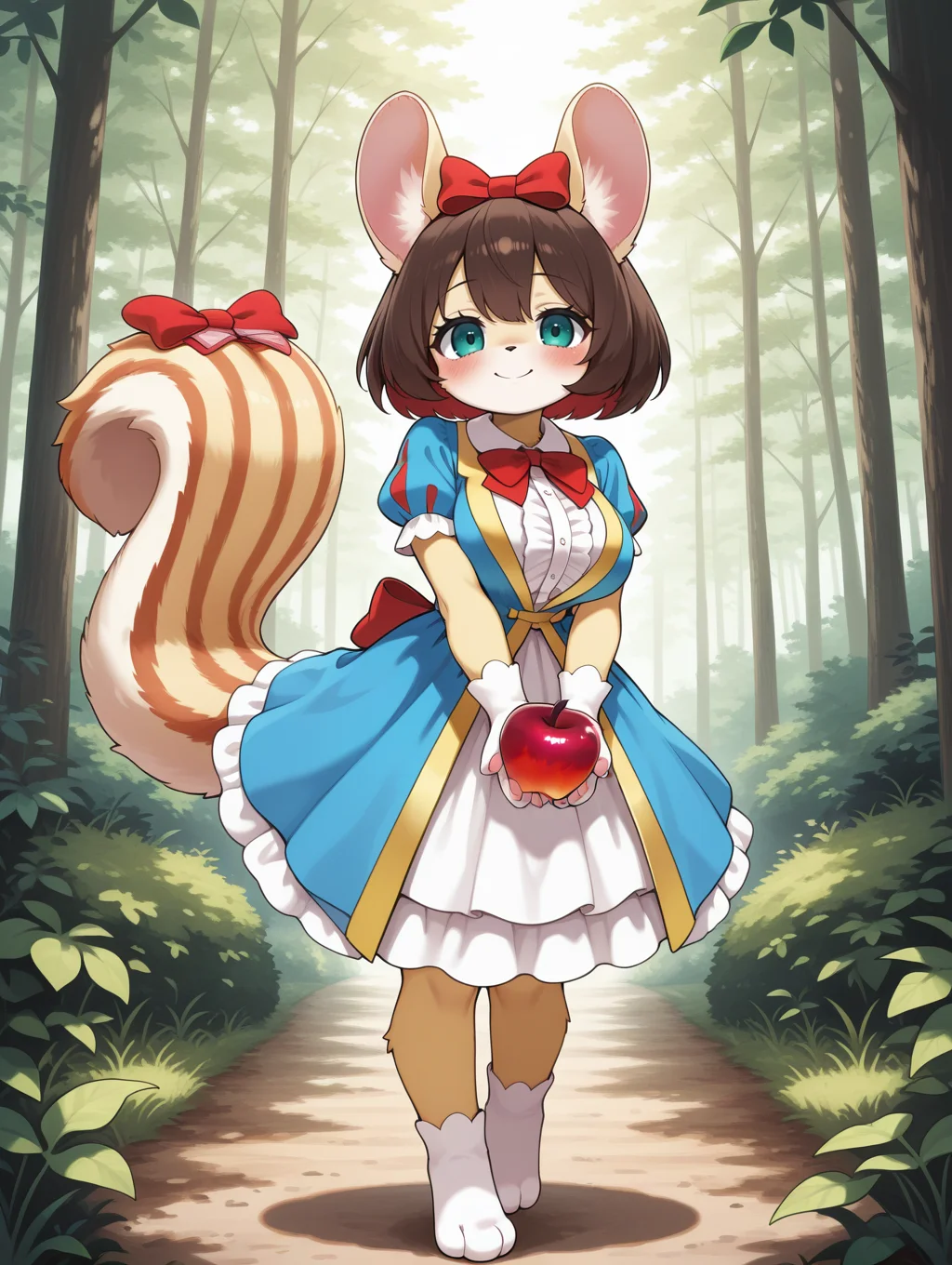 fairy tail - snow,1girl,apple,solo,squirrel girl,smile,red bow,full body,blush,blue frilled dress,holding apple,looking at viewer,large breasts,tail ornament,white paw gloves,white paw socks,animal nose,body fur:1.2,forest,furry female,
masterpiece,best quality,amazing quality,very aesthetic,absurdres,newest,<lora:Fairy Tail snow illuXL v1.1:0.7>,