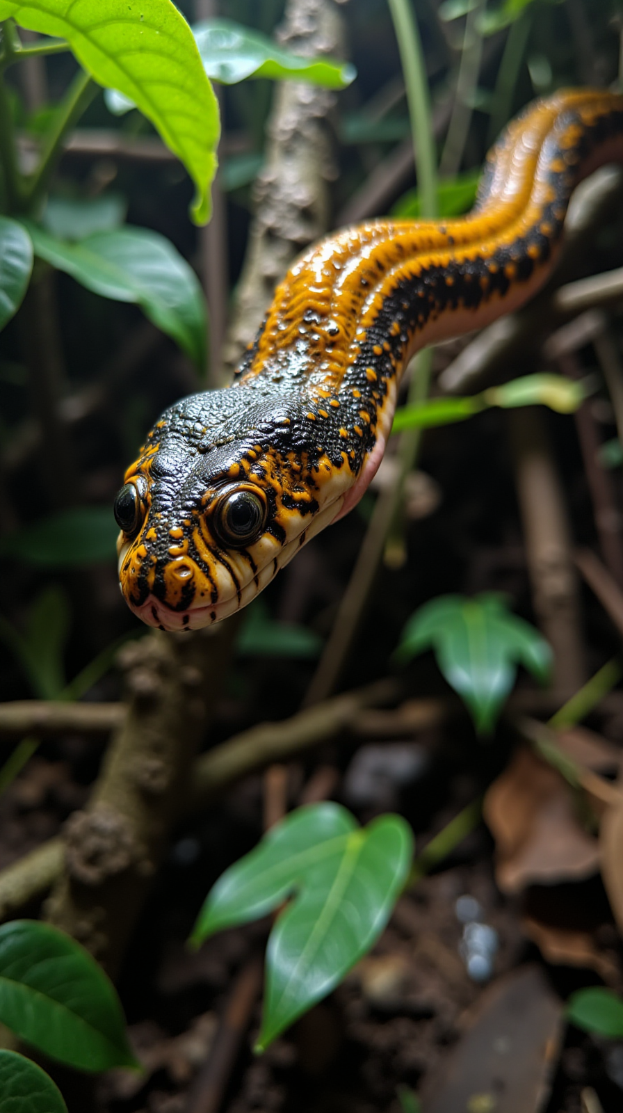 A highly realistic, documentary-style image of a serpent moving through a dense jungle, its body a mesmerizing composition of **OrganicFluidMatter**, resembling a living stream of flowing liquid. Its skin gleams with a glossy, honey-like sheen, reflecting dappled light that filters through the jungle canopy. The surface of the serpent’s scales appears almost translucent, with warm golden hues swirling faintly beneath, as though small, spherical bubbles are suspended just under its organic, fluid-like outer layer. 

Each movement creates ripples across its semi-transparent body, giving the impression of a creature perpetually reforming itself. The serpent’s glossy pinkish underbelly contrasts against its darker, iridescent black scales, which shift hues like liquid oil under the changing light. Its long, undulating form leaves faint, reflective trails on the textured foliage and damp jungle floor, where glistening droplets mirror its surreal presence.

The serpent’s head tapers into an angular form, its jaw appearing flexible and fluid. Translucent fangs glisten with a venomous, resin-like substance that clings and drips in slow, viscous trails. Its black, glassy eyes, like polished obsidian pools, reflect its surroundings with unnerving clarity, exuding a hypnotic, alien presence.

The jungle atmosphere amplifies the creature’s surreal texture, with mist swirling gently around its form, catching faint glints of its glossy surface. Dew collects on nearby leaves and vines, mirroring the fluid, organic nature of the serpent itself. Each movement through the lush undergrowth displaces the humid air, sending faint ripples through the environment, as if the creature’s very existence alters the flow of reality.

The scene captures a unique blend of life and fluidity, where the serpent’s organic, flowing textures create an intricate harmony with the jungle’s natural moisture and light. The creature seems both a part of and apart from its environment, a living enigma in an otherworldly ecosystem.
