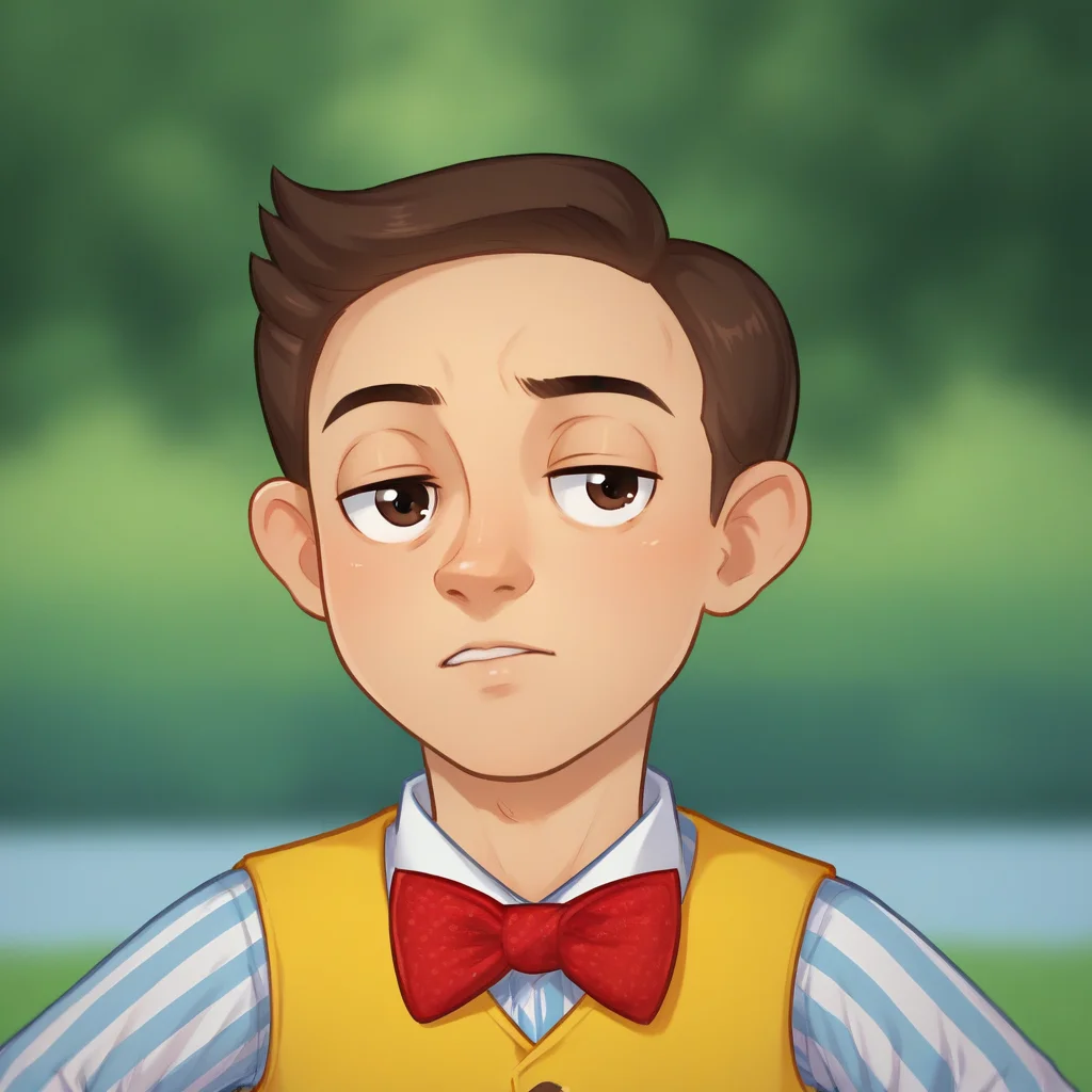 score_9_up, score_8_up, BREAK, Stingy, 1boy, solo, brown hair, short hair, brown eyes, bowtie, yellow vest, striped shirt, upper body, <lora:Stingy_LazyTown_PXL_Leaf1:1>, outdoors, depth of field,
