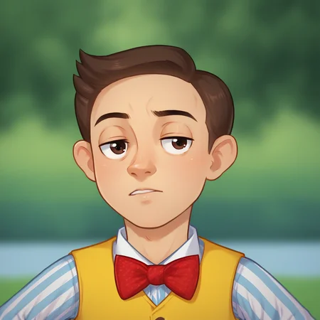 score_9_up, score_8_up, BREAK, Stingy, 1boy, solo, brown hair, short hair, brown eyes, bowtie, yellow vest, striped shirt, upper body, <lora:Stingy_LazyTown_PXL_Leaf1:1>, outdoors, depth of field,