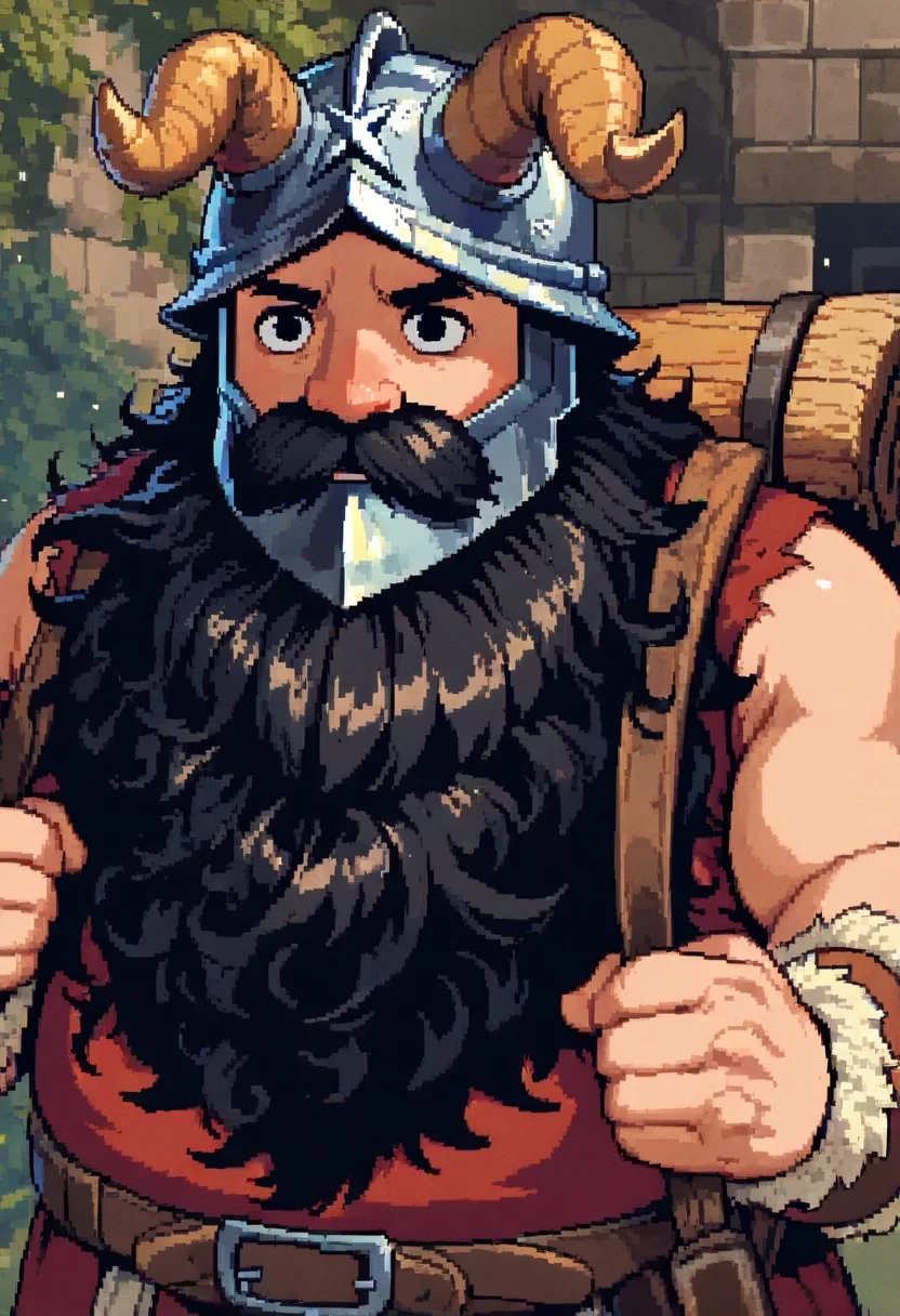masterpiece, best quality, newest, absurdres, highres, DPAV1.0, pixel art,
1boy, Senshi \(dungeon_meshi\), dwarf, helmet, horns, horned helmet, fake horns, beard, black eyes, black hair,