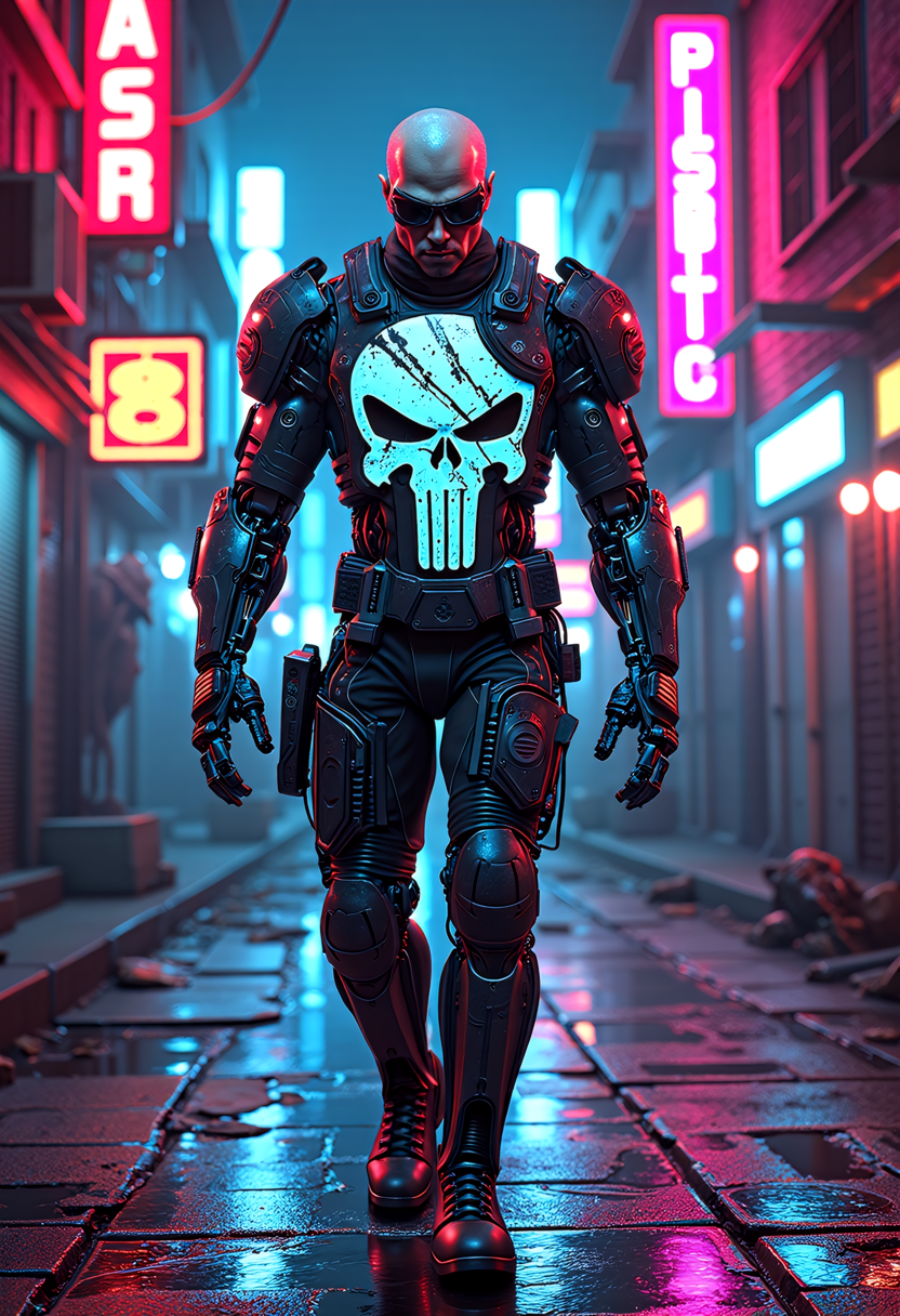 The neon-lit streets of a futuristic slum provide the backdrop for a retro cyberpunk anti-hero, the Punisher. His cybernetic armor, deliberately corrupted with patterns, glows in the night, a testament to his brutal efficiency. The human head, imbued with the iconic Punisher symbol, conveys his unwavering commitment to justice. As he walks through the slums, his mechanical arms and enhanced physique embody the fusion of man and machine. The style, inspired by Apterus and Clive Barker, captures the Punisher's unique blend of vigilante justice and cybernetic enhancements, leaving onlookers enthralled by his presence and the retro-futuristic, synthwave-infused atmosphere that surrounds him.   <lora:scifi/fluxPunk_v1.safetensors:1.0>,  <lora:flux/Sinfully_Stylish_.02_for_FLUX-000002.safetensors:1.0>,  <lora:flux/perfection style v2d.safetensors:1.0>, perfection style, <lora:flux/ARTifacts>,