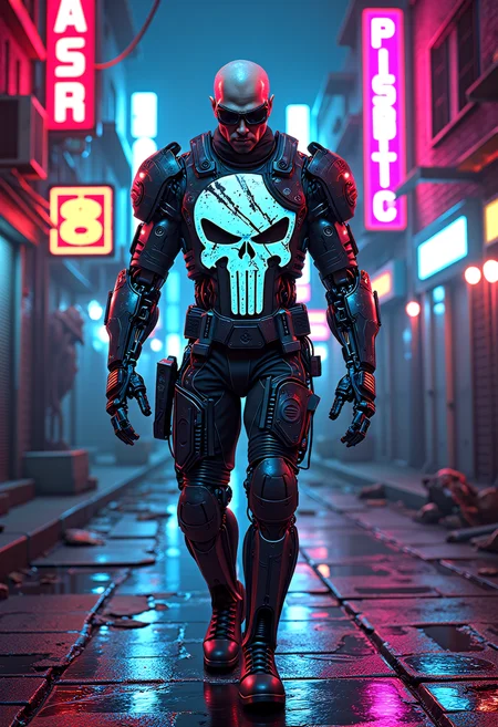 The neon-lit streets of a futuristic slum provide the backdrop for a retro cyberpunk anti-hero, the Punisher. His cybernetic armor, deliberately corrupted with patterns, glows in the night, a testament to his brutal efficiency. The human head, imbued with the iconic Punisher symbol, conveys his unwavering commitment to justice. As he walks through the slums, his mechanical arms and enhanced physique embody the fusion of man and machine. The style, inspired by Apterus and Clive Barker, captures the Punisher's unique blend of vigilante justice and cybernetic enhancements, leaving onlookers enthralled by his presence and the retro-futuristic, synthwave-infused atmosphere that surrounds him.   <lora:scifi/fluxPunk_v1.safetensors:1.0>,  <lora:flux/Sinfully_Stylish_.02_for_FLUX-000002.safetensors:1.0>,  <lora:flux/perfection style v2d.safetensors:1.0>, perfection style, <lora:flux/ARTifacts>,