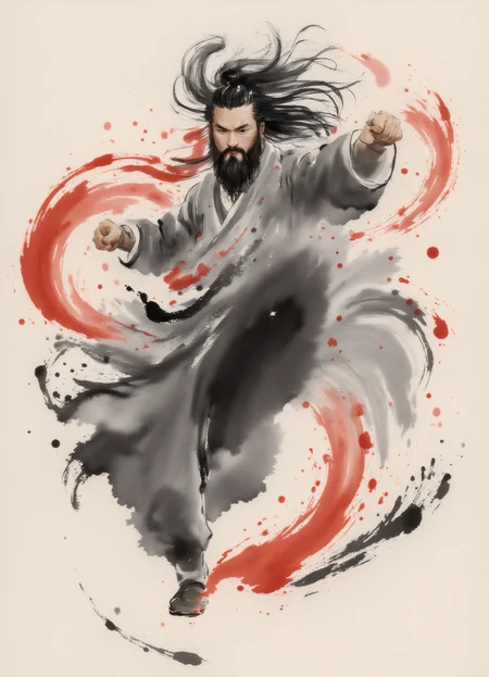 zydInk, , bearded Chinese man with long hair, combat pose. abstract and dynamic background, colorful swirling ink strokes, motion and energy around the figure.