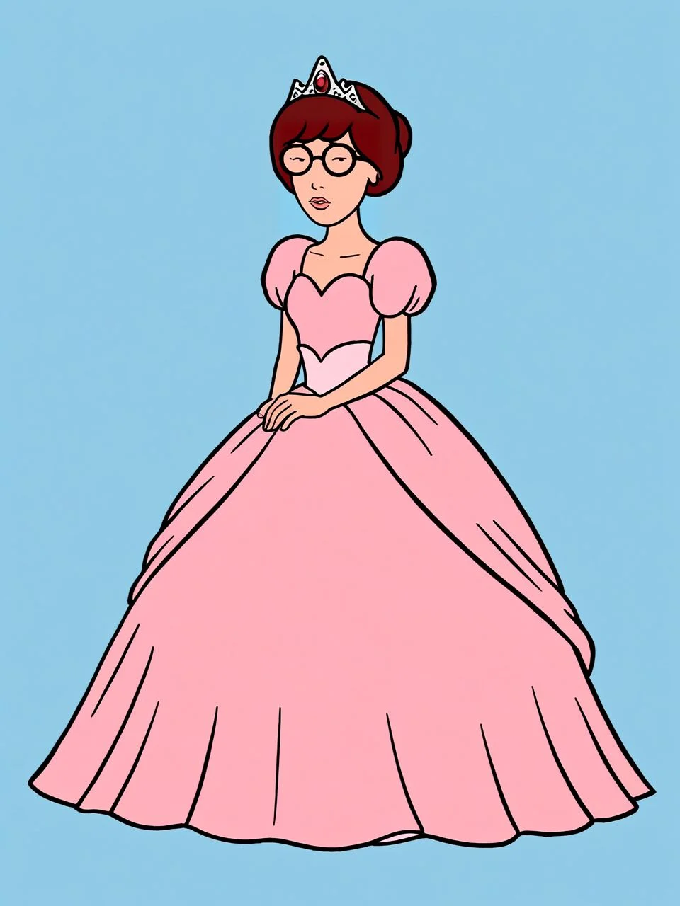 simple background, light blue background, 1girl, solo, full body, <lora:dariaTV_PDXL new:1.0> dariaTV, dot eyes, lips, glasses, princess, pink dress, tiara,