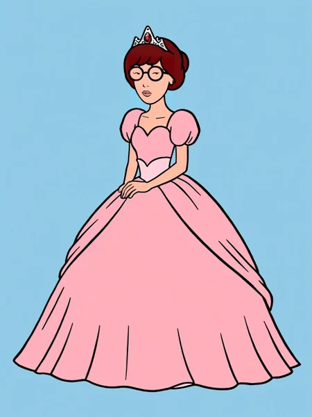 simple background, light blue background, 1girl, solo, full body, <lora:dariaTV_PDXL new:1.0> dariaTV, dot eyes, lips, glasses, princess, pink dress, tiara,