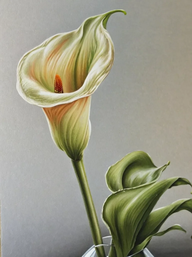 oil painting, detailed, depth of field, cala lily by ingrid-elias-style in a glass flower vase sitting on a table with a window in the background<lora:ingrid_elias_style:1>