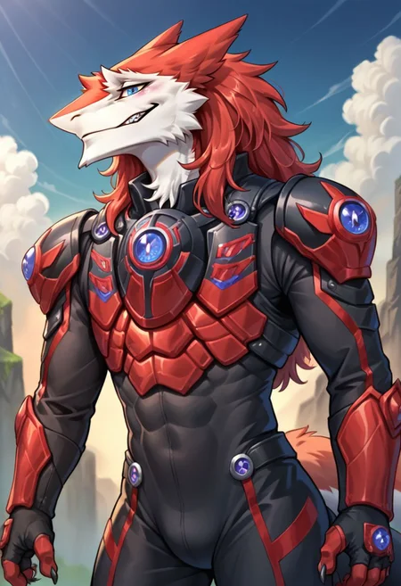 score_9, score_8, score_7, (source_furry, anthro, sergal),
gmrider, black bodysuit, red armor, black armor