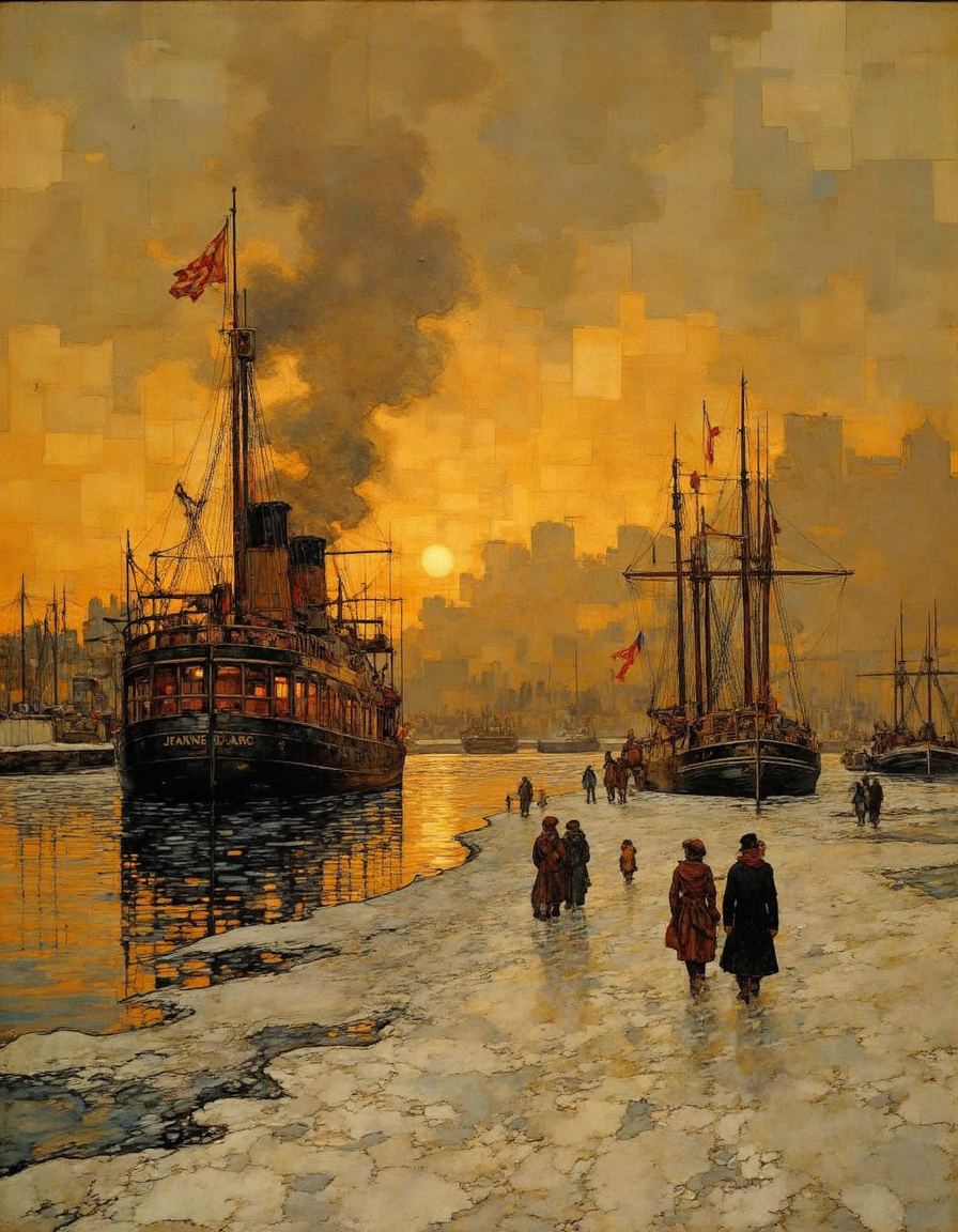 A digital painting depicting a historical maritime scene set at dusk. The sky is ablaze with a fiery orange and yellow glow, reflecting off the calm waters below. A large, dark steamship named "JEANNE D'ARC" dominates the left side of the image. The ship is emitting thick black smoke from its chimney, adding to the dramatic atmosphere. The ship's decks are lit with warm yellow lights, casting a soft glow onto the water.

On the right side of the image, a smaller, elegant sailing ship is docked. The ship has multiple masts and sails, with the rigging and sails adorned with red and white flags, adding a splash of color to the scene. Several figures, dressed in period clothing including long coats, hats, and scarves, are walking along the icy, snow-covered ground, with the snow and ice patches visible in the foreground.

The background features more ships and docks, with a few figures walking or standing on the decks. The overall color palette is dominated by warm earth tones, with highlights of the ships' colors contrasting against the muted tones of the snow and ice. The painting captures a sense of historical grandeur and the beauty of a winter sunset.