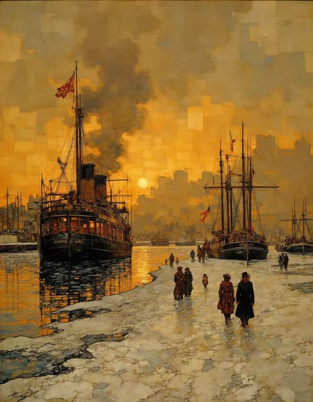 A digital painting depicting a historical maritime scene set at dusk. The sky is ablaze with a fiery orange and yellow glow, reflecting off the calm waters below. A large, dark steamship named "JEANNE D'ARC" dominates the left side of the image. The ship is emitting thick black smoke from its chimney, adding to the dramatic atmosphere. The ship's decks are lit with warm yellow lights, casting a soft glow onto the water.
On the right side of the image, a smaller, elegant sailing ship is docked. The ship has multiple masts and sails, with the rigging and sails adorned with red and white flags, adding a splash of color to the scene. Several figures, dressed in period clothing including long coats, hats, and scarves, are walking along the icy, snow-covered ground, with the snow and ice patches visible in the foreground.
The background features more ships and docks, with a few figures walking or standing on the decks. The overall color palette is dominated by warm earth tones, with highlights of the ships' colors contrasting against the muted tones of the snow and ice. The painting captures a sense of historical grandeur and the beauty of a winter sunset.