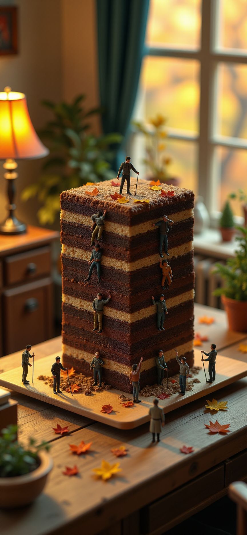 (indoors,indoor,isometric view,side view,tilt-shift lens:2), (fna_style,miniature,miniature,diorama,miniature,diorama,PVC,plastic:2),sunset,autumn giant (randomly multi stack up,multi layer of chocolate cake cubic vertical:2.5)  is located center, people are climbing with ropes, (in wooden square plate:3) (on table at study:3) <lora:Fantasy_Novel_Art_Style:1> <lora:Rostpunk:0.3>