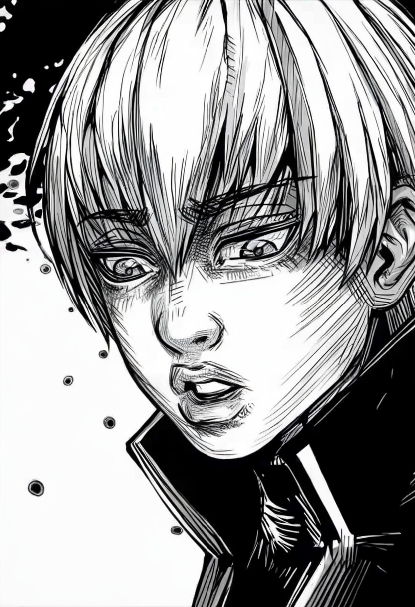 monochrome, greyscale, solo, male focus, 1boy, parted lips, short hair, portrait <lora:odysseasXL_NBVP1_lokr_V6311PZ:0.95>