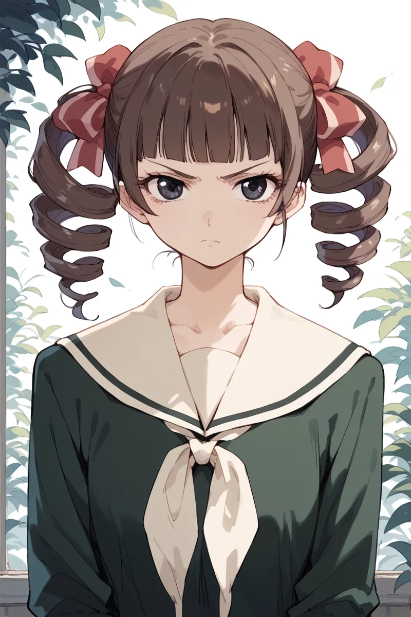 score_9, score_8_up, score_7_up, score_6_up,
<lora:Touko_Matsudaira:0.9> touko, 1girl, twin drills, black eyes, brown hair, school uniform, serious