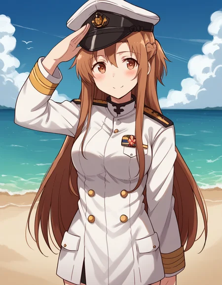 score_9, score_8_up, score_7_up, source_anime, asunayuuki, <lora:asuna-yuuki-s1-ponyxl-lora-nochekaiser:1>, asuna yuuki, long hair, brown hair, brown eyes, medium breasts,, <lora:kancolle-admiral-cosplay-ponyxl-lora-nochekaiser:1>, kancolle admiral cosplay, admiral (kancolle) (cosplay), naval uniform, cosplay, military uniform, military, peaked cap,, beach, salute, blush, smile, cowboy shot, looking at viewer,