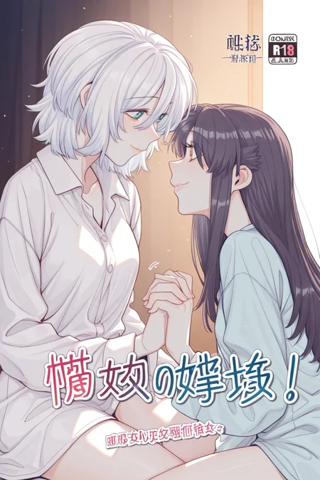 masterpiece, best quality, amazing quality,
<lora:Girltrap_IL:1> strgrltrp, multiple girls, 2girls, yuri, cover, long hair, red eyes, cover page, black hair, smile, holding hands, looking at another, shirt, short hair, white hair, sitting