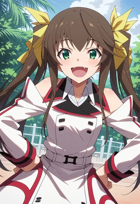 score_9, score_8_up, score_7_up, source_anime, masterpiece, best quality,perfect anatomy,rin,def,hands on own hips,open mouth,smile,happy,skin fang,rating_safe,happy,cowboy shot,looking at viewer,pov,outdoor,dutch angle <lora:rin.pony:1>
