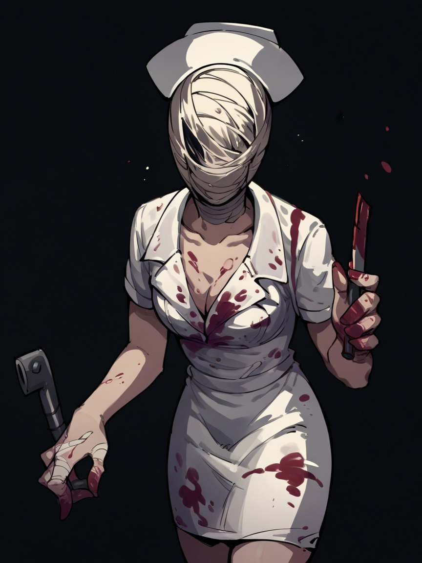 score_9, score_8_up, score_7_up, score_6_up, score_5_up,  <lora:bubbleheadnurseXLP:1> bubble head nurse, 1girl, solo, nurse, nurse cap, bandage mask, dark, black background, blood on clothes