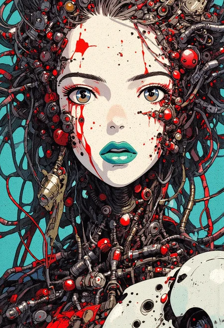 A futuristic portrait of a cyborg woman with many intricate mechanisms and wires embedded in her face and head. Her skin is smooth and white, with bright patches of paint and red patterns that create an artistic effect.  The lips are painted in a rich turquoise color. Her face is surrounded by many metal parts, gears, and wires that blend seamlessly into her hair, adding a sense of high level of technology and art. The mechanical elements vary in shape and color, creating a rich textural contrast, as if the face is a complex mechanism with a touch of humanity