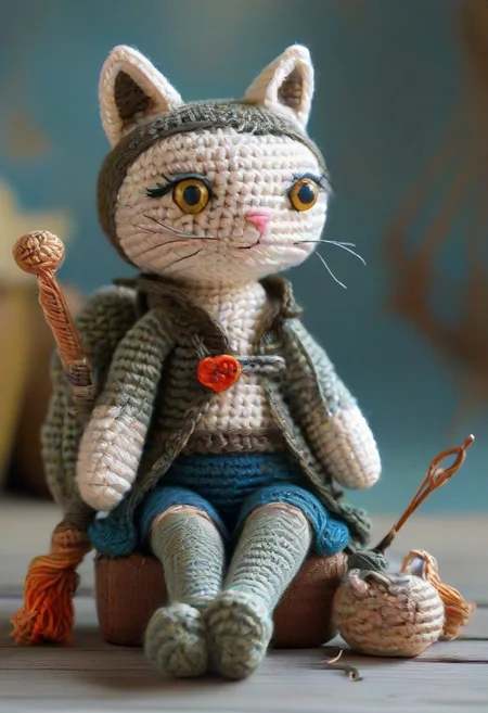 fishing, lake, sitting, cat, by saint exupery, crocheted style