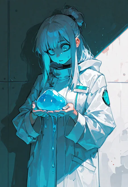masterpiece, best quality, very aesthetic, absurdres, ambient light, soft light, SagawaStyle, Rapscallionstyle, ma1ma1helmes_b_illu,sketch,
1girl, long hair, medical white coat, in a chemnical lab, tied hair, looking down at her hands, her hands melting into blue jelly, half of her face melting into jelly, slime, suprised, panic, shocked,
high detail, soft shadows