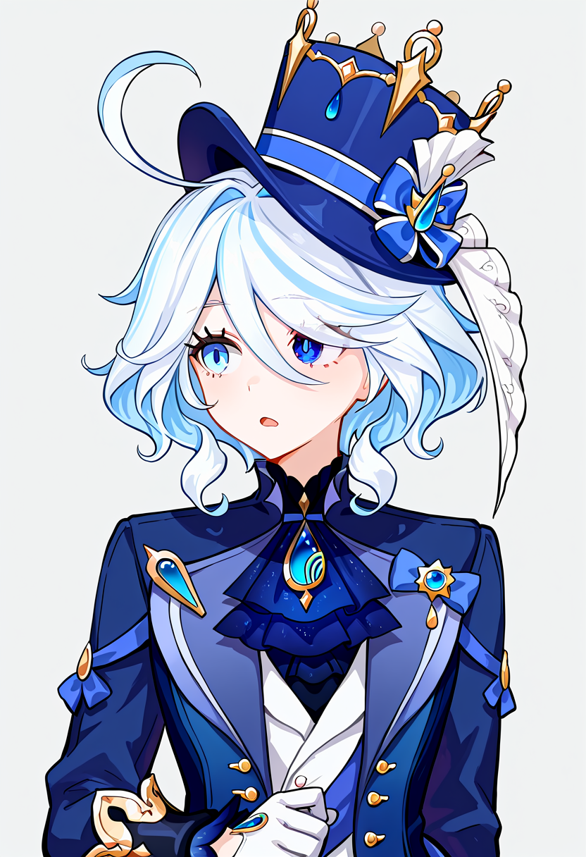 masterpiece, best quality, absurdres, rejection_reaction, 1girl, solo, open mouth, looking to the side, furina \(genshin impact\), upper body, simple background, blue hat, blue jacket, white hair, blue eyes, ascot, short hair, jacket, white gloves, heterochromia, blue brooch,  <lora:rejection_reaction_meme-09-IL:1>