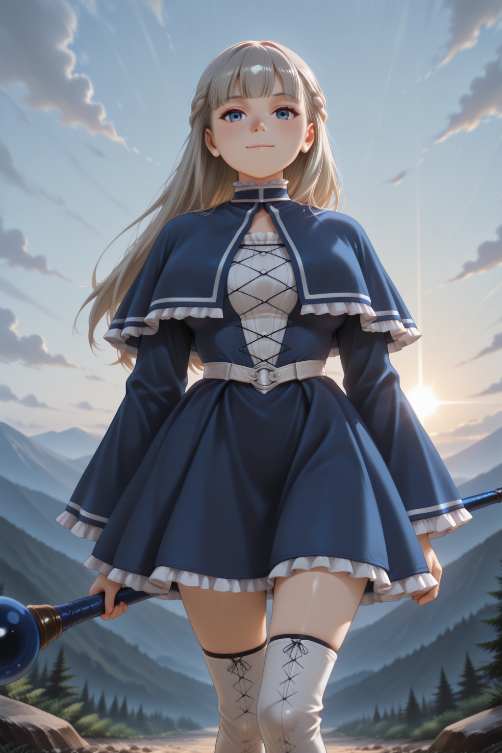 masterpiece, best quality, amazing quality, 1girl, solo, makeup, from front, general, looking at viewer, blush, sunlight, nature, hill, light smile, sky, cloud, (day), <lora:sousou_no_frieren_lawine:1>, sousou_no_frieren_lawine, long hair, straight hair, grey hair, blunt bangs, blue eyes, breasts, long sleeves, wide sleeves, frilled sleeves, blue dress, frilled dress, blue capelet, frilled capelet, french braid, cross-laced clothes, white belt, zettai ryouiki, thighhighs, boots, white footwear, holding, blue staff, <lora:wai-2Rectified-V140:1>, <lora:Illustrious_-_Refiner:1>