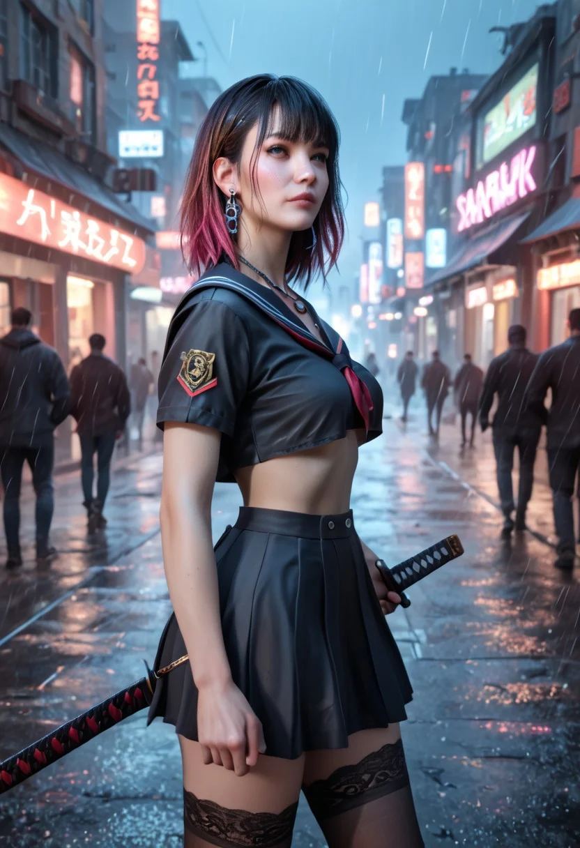 score_9, score_8_up, score_7_up, realistic skin texture, detailed photorealistic image, HD32k, 4K, 8K, absurdres, score_9, score_8_up, score_7_up, portrait of korean girl, make-up, long multicolored hair with bangs, realistic skin texture, detailed face, medium breasts, black lace stockings, earrings, necklaces, serafuku, underboob, holding katana, in a battle on cyberpunk street, raining, night, neon lights and signs, crowd of futuristic soldiers, explosions, battle, armored vehicles, focus on face, viewed from side