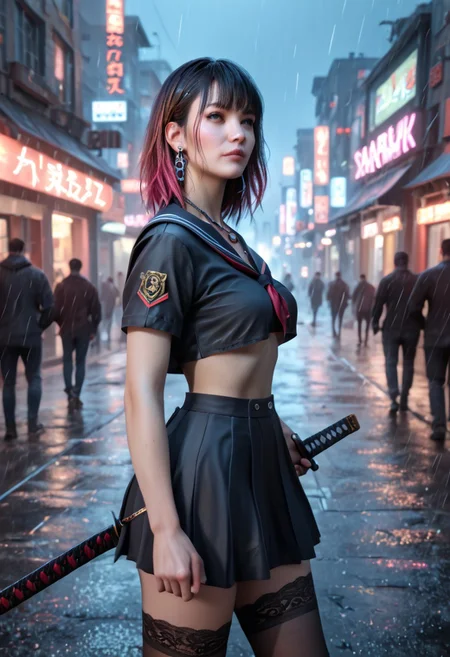score_9, score_8_up, score_7_up, realistic skin texture, detailed photorealistic image, HD32k, 4K, 8K, absurdres, score_9, score_8_up, score_7_up, portrait of korean girl, make-up, long multicolored hair with bangs, realistic skin texture, detailed face, medium breasts, black lace stockings, earrings, necklaces, serafuku, underboob, holding katana, in a battle on cyberpunk street, raining, night, neon lights and signs, crowd of futuristic soldiers, explosions, battle, armored vehicles, focus on face, viewed from side