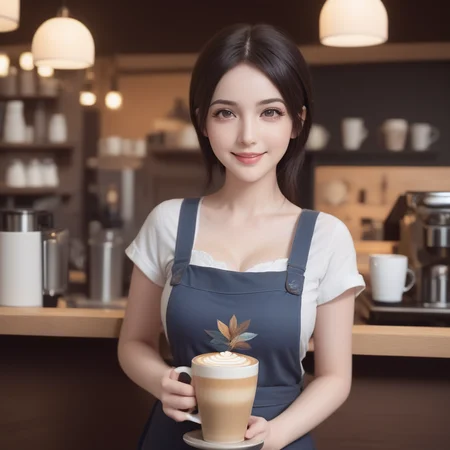 (masterpiece:1.2),1girl,pale_skin,realistic skin,large breasts,facing viewer,looking at viewer,A skilled barista wearing a stylish apron over a casual tee,crafting the perfect latte art in a cozy coffee shop,medium breast,vibrant colors,black hair,smile,masterpiece,best quality,
<lora:AIGirlXL_V1:1>,, masterpiece, best quality,