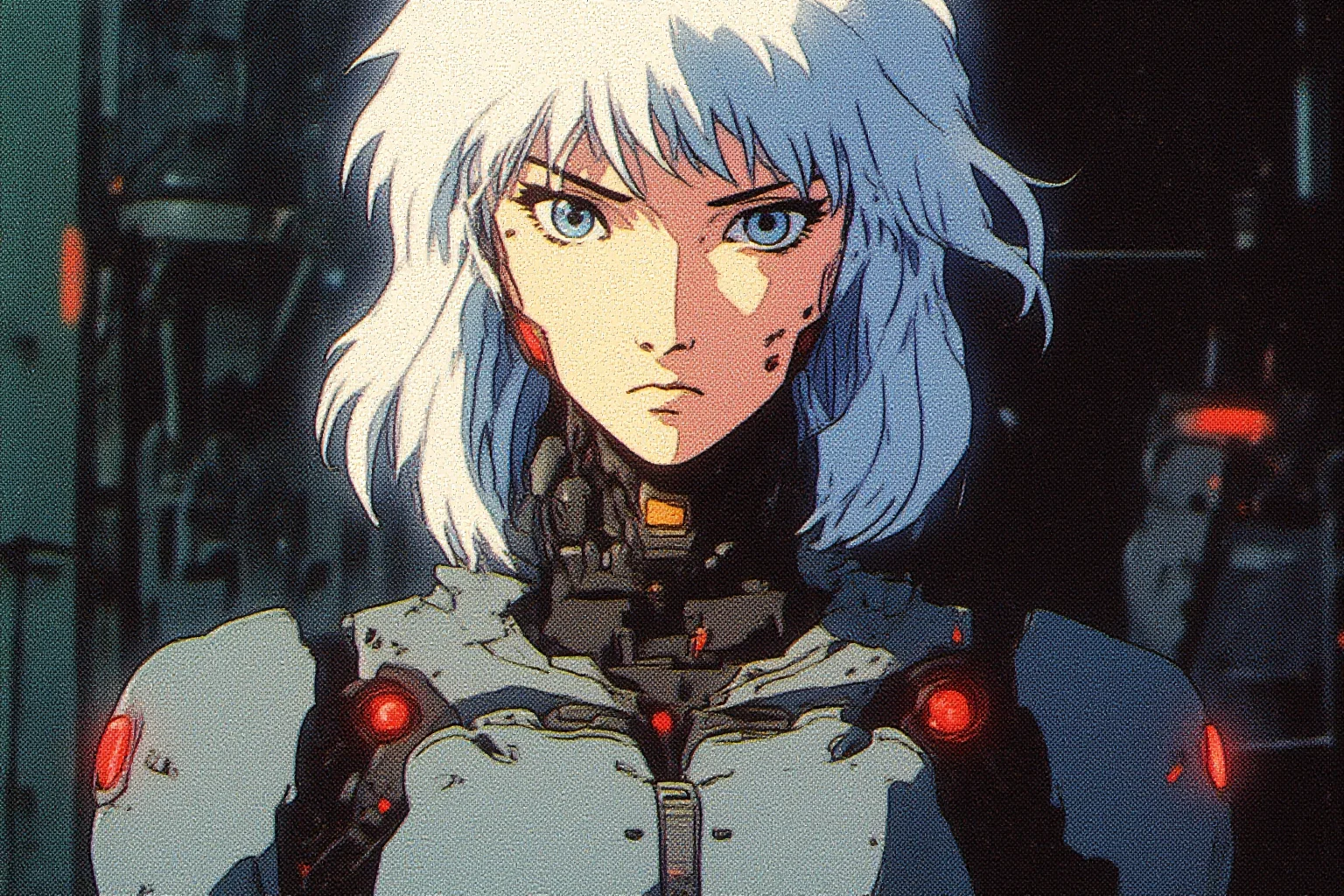 A digital retro anime style, comic illustration of a young woman with arctic white hair, wearing an intricate, detailed, mechanical suit which has red glowing parts. Her head is tiled with her face showing a soft curious expression. Her eyes are brigh blue which has great contrast with the dystopian, industrial, factory background where she is standing.