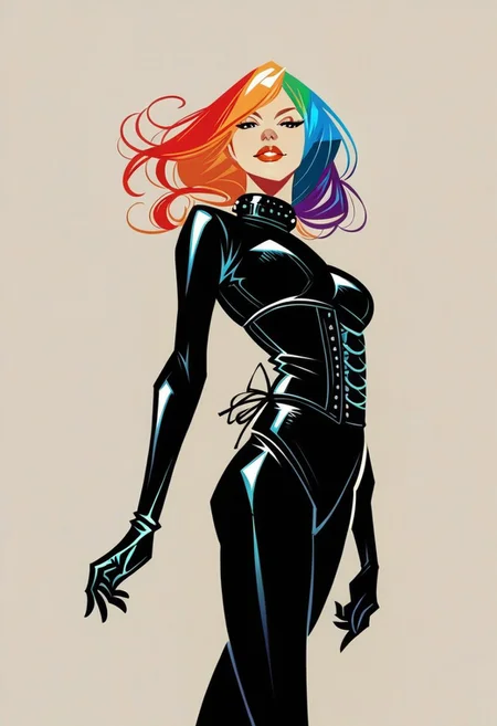 score_9, score_8_up, score_7_up, dutch_angle, from_below, footwear_focus, simple_background.
BREAK
A beautiful petite woman in her 20s with a rainbow hair in black leather bodysuit, long sleeves, {cowboy shot, head turned, looking at viewer}, {hair flowing, head tilted}, black rubber gloves, corset, HW_Corset, collar, tight black latex pants, belts, slim body, posing in a rainy street