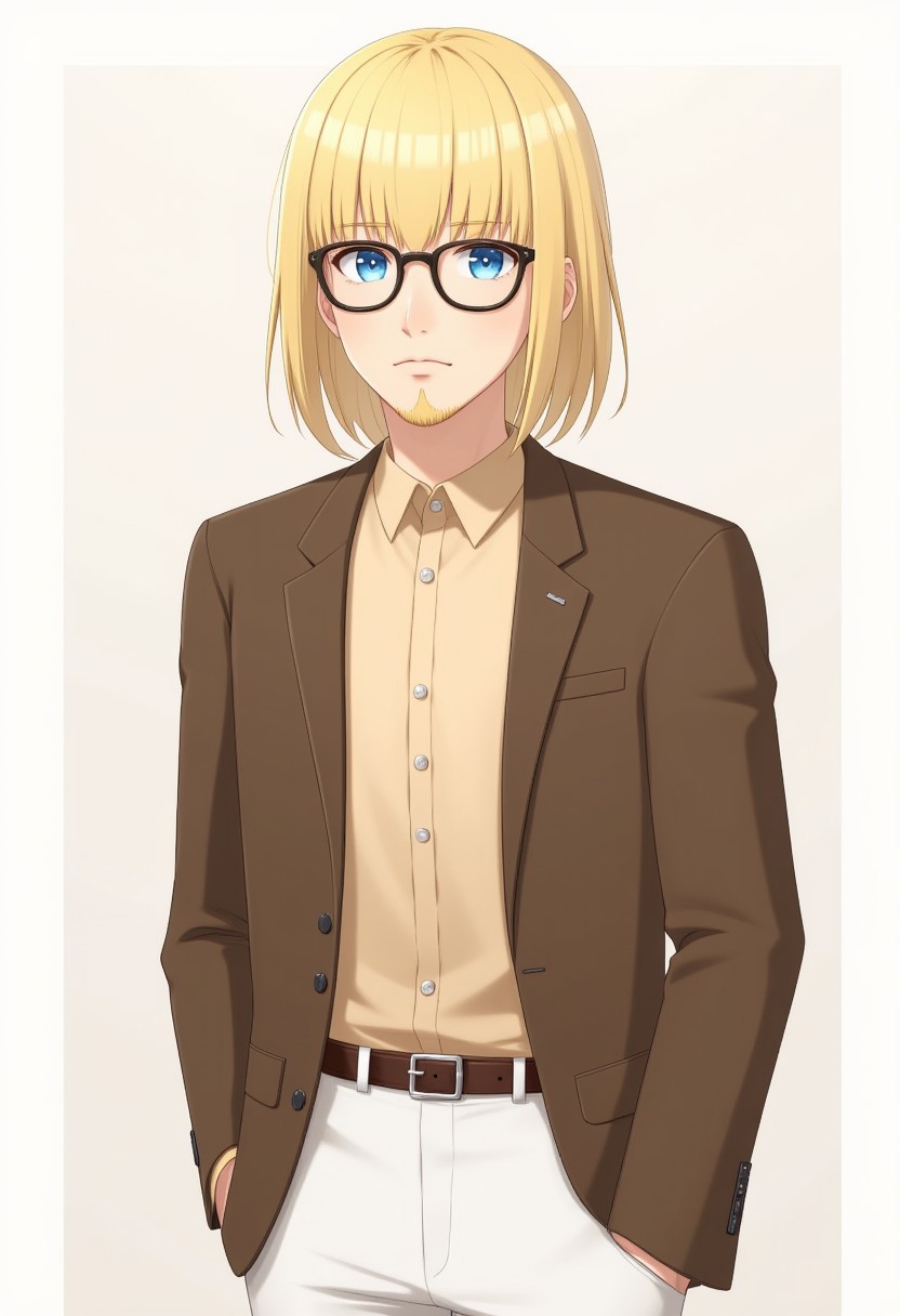 1boy, blonde hair, medium hair, blunt bangs, glasses, blue eyes, goatee, brown jacket, blazer, collared shirt, beige shirt, brown belt, white pants