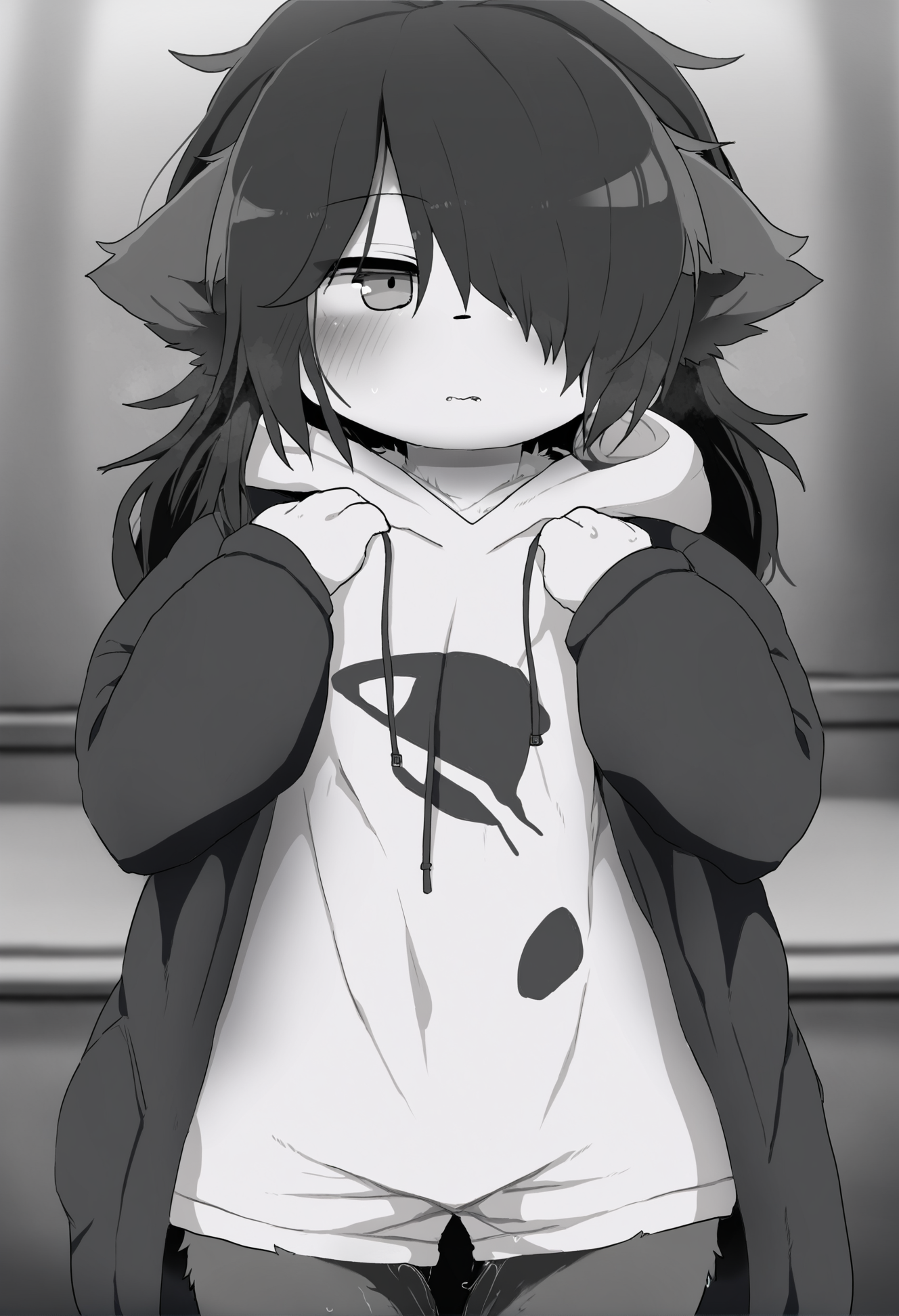 masterpiece, hyper detailed, best quality,(furry:1.3),solo, hair over one eye, hood, 1girl, black hair , standing , monochrome  ,<lora:DAGASIXLlokr8f-000188:0.95>