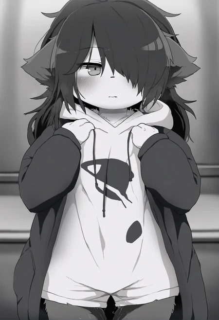 masterpiece, hyper detailed, best quality,(furry:1.3),solo, hair over one eye, hood, 1girl, black hair , standing , monochrome ,<lora:DAGASIXLlokr8f-000188:0.95>