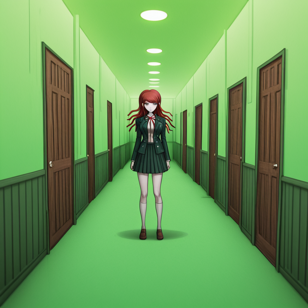masterpiece, best quality, absurdres, <lora:Danganronpa_Locations:1>,  danganronpa sprite style, danganronpa_sprite_style , <lora:Ryoko_Otonashi:0.2>, danganronpa/zero, danganronpa_(series), otonashi_ryouko, 1girl, breasts, red_eyes,red_hair, grey_jacket grey_skirt, dress_shirt, white_shirt, jacket, kneehighs, loafers, long_hair, long_sleeves, neck_ribbon, open_clothes, open_jacket, pleated_skirt, red_ribbon, ribbon,school_uniform, shirt, shoes, skirt, socks, solo,white_socks , hallway,green_lighting,multiple_doors,wooden_doors,floating_leaves,bright_light,green_walls,green_floor,empty_corridor,abstract,long_corridor,light_at_the_end,no_characters,green_glow,surreal,dreamlike,hallway_perspective,open_door,modern_design,pale_light,green_ambiance,danganronpa,danganronpa_(series),danganronpa_2:_goodbye_despair,danganronpa 2,danganronpa sprite style,danganronpa_sprite_style