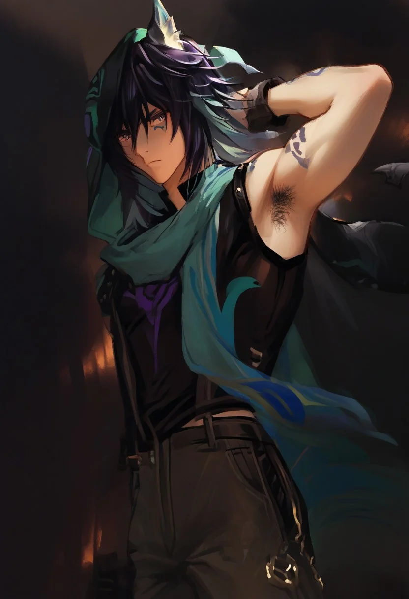 1boy, solo, male focus, animal ears, animal ear fluff, fox ears, ororon_(genshin_impact), black hair, spiky hair, messy hair, purple tint hair, green highlight, multicolored hair, wolf cut hair, hair between eyes, bangs, tan skin, Heterochromia, one green eye, one purple eye, facial marks, facial tattoo, fox boy, detailed eyes, satisfaction, satisfied, neutral, horny, pensive face, neutral expression, neutral eyebrow looks, band aids, band aid, fully clothed,
dark theme, indoor, bathroom tiles, intense shadow, intimidating, chest close to viewer, dark light, no light, shadow,
hairy thigh, hairy, blond armpit hair,
drying, dressing, looking away from viewer
rating PG, score_9,score_8_up,score_7_up, source_anime, male focus, Muscular,
slim, skinny,
thigh, manly, tall, detailed eyebrow, sharp eyebrows, focus on thigh, thigh focus, dark theme, dim light, random view, view from below