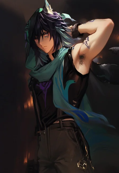 1boy, solo, male focus, animal ears, animal ear fluff, fox ears, ororon_(genshin_impact), black hair, spiky hair, messy hair, purple tint hair, green highlight, multicolored hair, wolf cut hair, hair between eyes, bangs, tan skin, Heterochromia, one green eye, one purple eye, facial marks, facial tattoo, fox boy, detailed eyes, satisfaction, satisfied, neutral, horny, pensive face, neutral expression, neutral eyebrow looks, band aids, band aid, fully clothed,
dark theme, indoor, bathroom tiles, intense shadow, intimidating, chest close to viewer, dark light, no light, shadow,
hairy thigh, hairy, blond armpit hair,
drying, dressing, looking away from viewer
rating PG, score_9,score_8_up,score_7_up, source_anime, male focus, Muscular,
slim, skinny,
thigh, manly, tall, detailed eyebrow, sharp eyebrows, focus on thigh, thigh focus, dark theme, dim light, random view, view from below