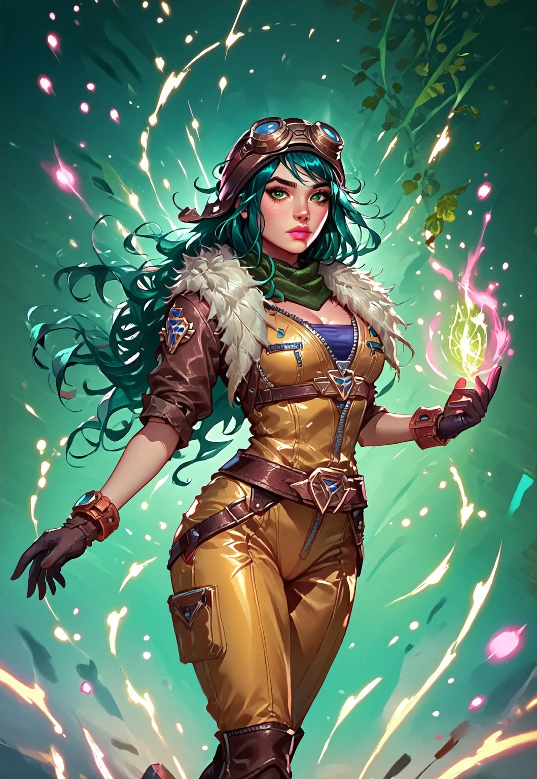 ((zPDXL3)), ((masterpiece,best quality, highly detailed)), ((score_9)), score_8_up, score_7_up, score_6_up, score_5_up, score_4_up, Digital painting style, brushstrokes, ((EnhanceImage)), solo, 1girl, IreliaARLoLXL, pink lips, green eyes, aqua hair, long hair, bangs, goggles on head, large breasts, green scarf, cleavage, brown jacket, fur trim, short sleeves, yellow bodysuit, blue bodysuit, black gloves, belt, brown boots,
Expressiveh, 30yo, adult lustful confident woman, petite, slender body, perky saggy natural breasts, full lips, bangs, sidelocks, straps,
chinese magical sorceress, animated, swirling magic, wisps of magic, dancing pose, tight squeezed outfit, magical accessories, evoking motion, conveying motion, dynamic splash art,
<lora:PainterlyFantasiaPDXL:0.6>,