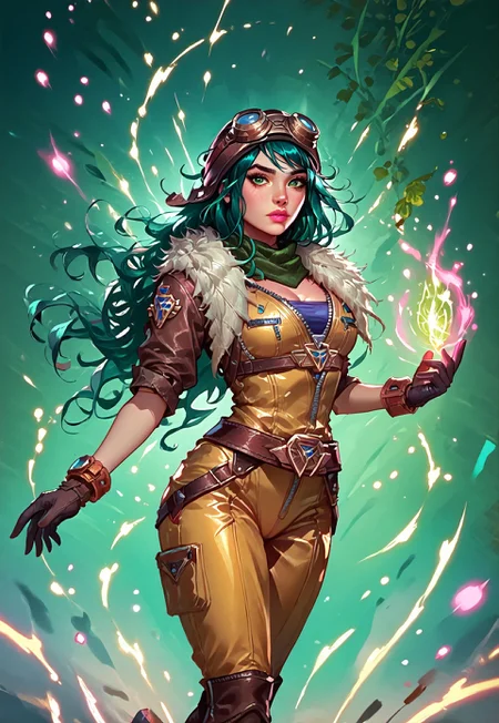 ((zPDXL3)), ((masterpiece,best quality, highly detailed)), ((score_9)), score_8_up, score_7_up, score_6_up, score_5_up, score_4_up, Digital painting style, brushstrokes, ((EnhanceImage)), solo, 1girl, IreliaARLoLXL, pink lips, green eyes, aqua hair, long hair, bangs, goggles on head, large breasts, green scarf, cleavage, brown jacket, fur trim, short sleeves, yellow bodysuit, blue bodysuit, black gloves, belt, brown boots,
Expressiveh, 30yo, adult lustful confident woman, petite, slender body, perky saggy natural breasts, full lips, bangs, sidelocks, straps,
chinese magical sorceress, animated, swirling magic, wisps of magic, dancing pose, tight squeezed outfit, magical accessories, evoking motion, conveying motion, dynamic splash art, 
<lora:PainterlyFantasiaPDXL:0.6>,