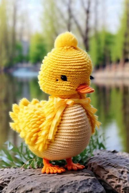 BJ_Sewing_doll,Duck,solo,standing,full_body,outdoors,food,day,blurry,black_eyes,pokemon_\(creature\),no_humans,depth_of_field,blurry_background,animal_focus,photo,8k,highly detailed,digital photography,hdr,realistic,high definition,<lora:SDXL_Sewing_dol_v2:1>,