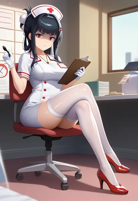 score_9, score_8_up, score_7_up, source_explicit, source_anime,
BREAK
1girl, solo, crossed legs,
<lora:d-nikke-richy-v1_pdxl:0.8>, dwife, black hair, long hair, blunt bangs, hairclip, hair ornament, sidelocks, red eyes, necklace, unworn mask, white gloves, white thighhighs,
nurse cap, nurse, clipboard, holding clipboard, pen, high heels,
looking at viewer, shadow, shaded face, angry,
shiny skin, skindentation,
BREAK
depth of field, lights, illumination,
<lora:GoddessofNikkie_PonyXL:0.5>, Nikkedusk_Style,
<lora:naipony_v3:0.8>,
<lora:darkstyle:0.8>, neodark