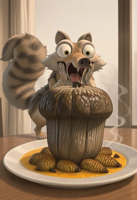 Scrat, long snout, bushy tail, bulging eyes, striped tail, delicious food, surprised, paws on own face, ( focus on a giant nut on plate:1.2), amazing quality, best details