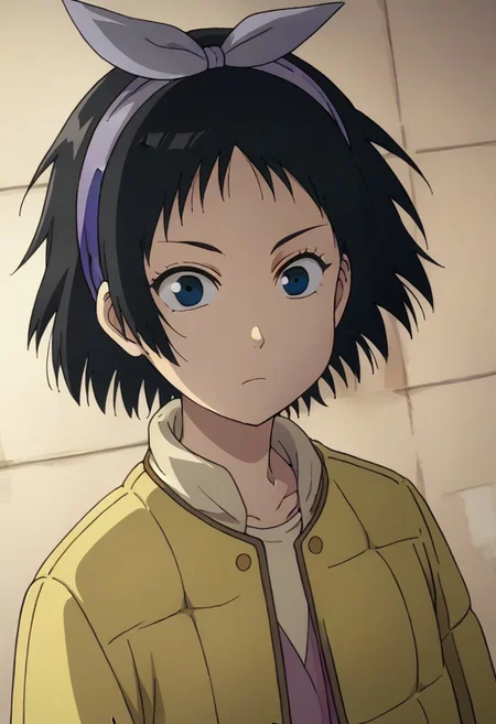 Totori, short hair, black hair, black eyes, yellow jacket, purple hairband, <lora:HeavenlyDelusion:1>,