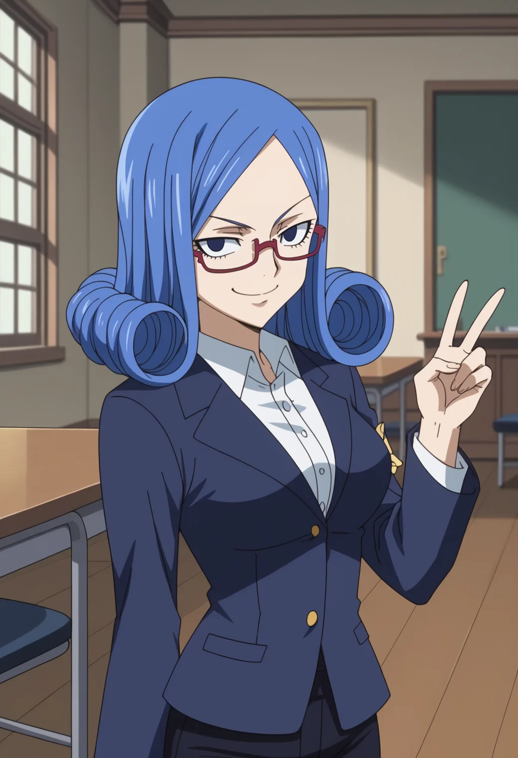 score_9, score_8_up, score_7_up, anime screencap, BREAK, 1girl, (solo:1.2), <lora:DX888Juvia:1>, juvia lockser, blue hair, curly hair, blue eyes, short hair, , BREAK office lady, white shirt, black pants, black jacket, eyeglasses , secretary, Making peace sign forward, index and middle fingers extended, smug, side smile, lowered eyelids, arrogant smile, smug smile,